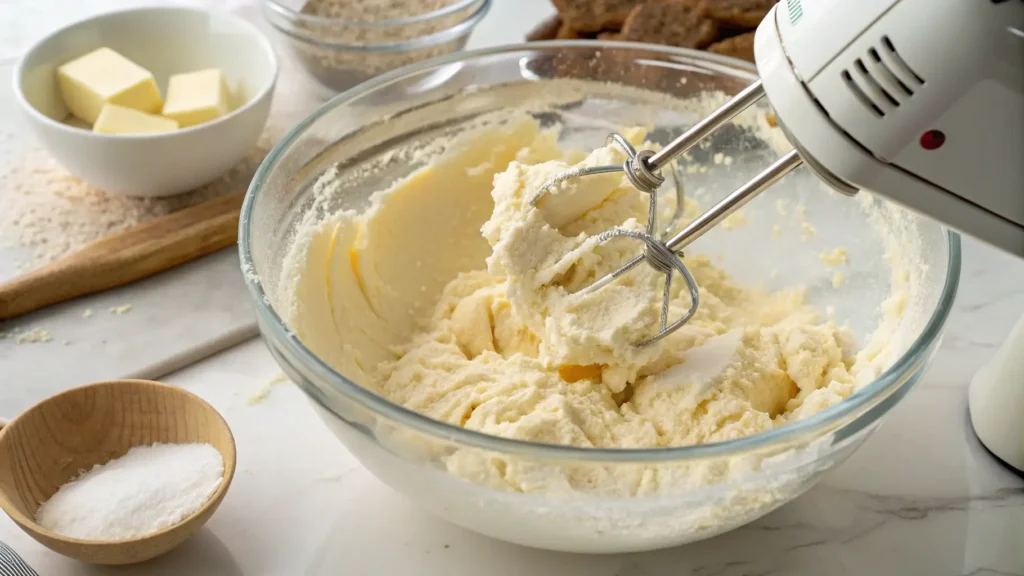 The Ultimate Baby Shower Cake Guide to Impress 4 Electric hand mixer creaming butter and sugar in a glass bowl with other baking ingredients nearby.