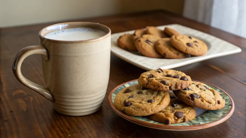 A plate of freshly baked chocolate chip cookies sits next to a mug of milk, with more cookies visible on a platter in the background. The setting is cozy and inviting.