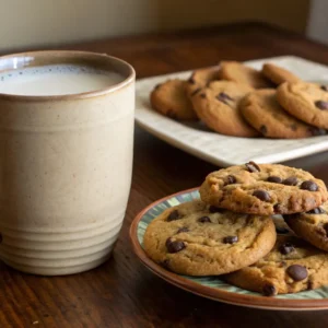 Milk and Cookies Pure Happiness in a Simple Snack 5 A plate of chocolate chip cookies with a mug of milk on a wooden table.