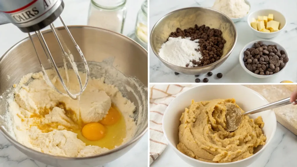 Milk and Cookies Pure Happiness in a Simple Snack 2 A series of images showing the process of making cookie dough. The first image shows flour, sugar, and eggs being mixed in a stand mixer. The second image displays a bowl of dry ingredients, including flour and brown sugar, with chocolate chips and butter. The third image shows the completed cookie dough being stirred in a bowl.