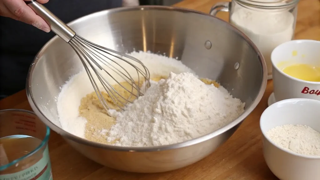 The Ultimate Baby Shower Cake Guide to Impress 3 Hand holding a whisk over a large metal bowl filled with flour and other dry ingredients, surrounded by baking ingredients on a wooden countertop.