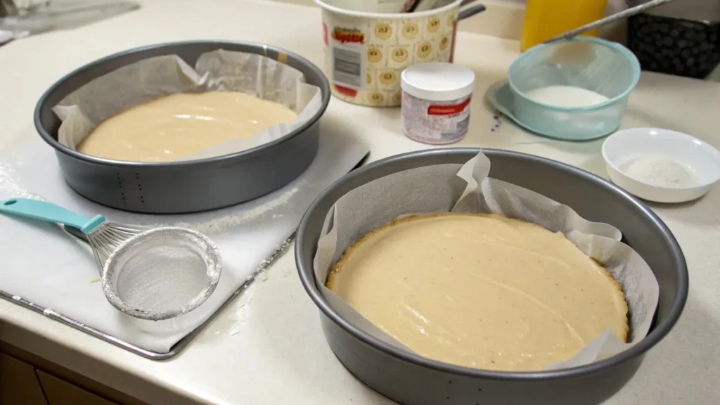 The Ultimate Baby Shower Cake Guide to Impress 2 Cake batter poured into two parchment-lined round pans, ready for baking, with baking tools and ingredients on the counter.