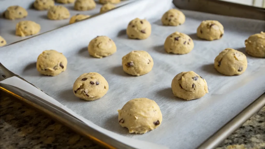 Milk and Cookies Pure Happiness in a Simple Snack 3 A baking sheet lined with parchment paper, showing cookie dough balls ready to be baked. The dough is studded with chocolate chips, spaced evenly on the sheet for baking.
