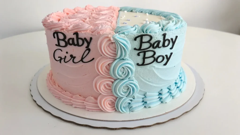 Half pink, half blue baby shower cake with "Baby Girl" and "Baby Boy" written on each side.