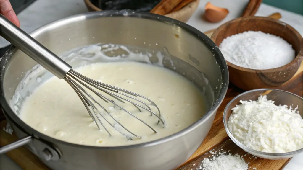 Chocolate Haupia Pie The Best Dessert You’ll Ever Taste 3 A stainless steel bowl with a whisk stirring a creamy coconut mixture on a wooden countertop. The mixture appears to be in the process of thickening for a coconut filling, with bowls of shredded coconut and salt nearby.