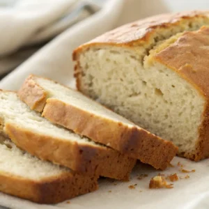 3 Ingredient Banana Bread You Won’t Believe is That Easy 5 A close-up of freshly baked banana bread with a golden-brown crust, sliced to reveal a soft, fluffy interior. The slices are placed neatly on a cloth.