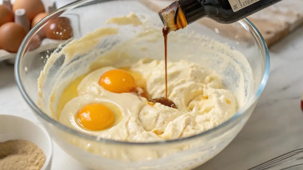 Boneless chocolate chip cookies thrilling proven twist 5 A glass mixing bowl with creamy dough, two eggs cracked into it, and vanilla extract being poured in, ready to be mixed together.