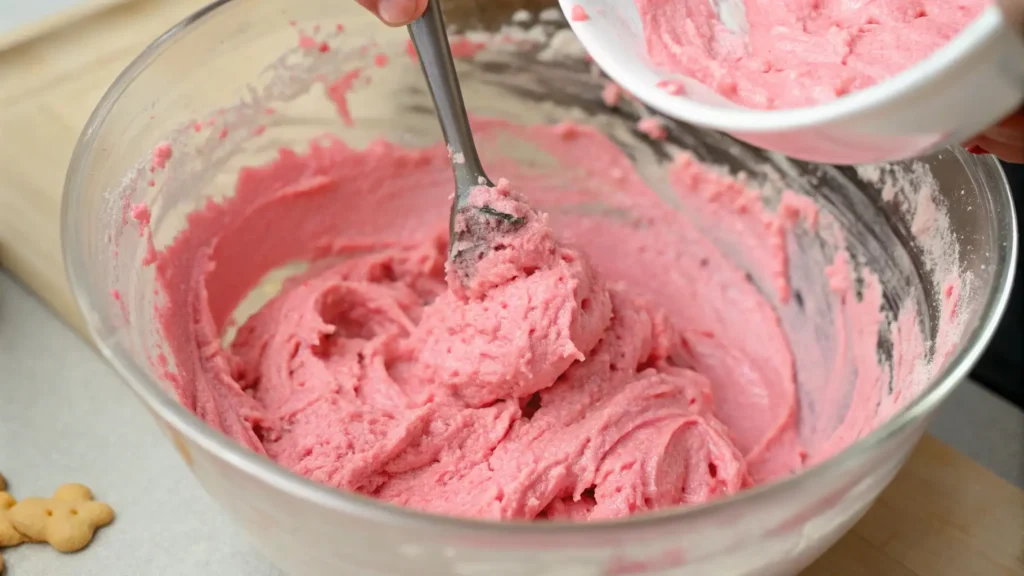 Pink Cookies: How to Make These Irresistibly Soft and Sweet 3 Pink food coloring being mixed into cookie dough with a spoon, creating a vibrant pink hue in the batter.