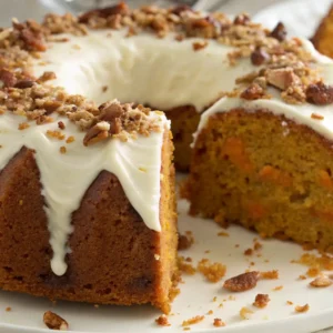 Carrot Bundt Cake the Best Dessert for Any Celebration 5 A freshly baked carrot bundt cake topped with cream cheese frosting and chopped pecans. A slice of the cake has been cut, revealing its moist, orange interior filled with grated carrots. Crumbs from the cake are scattered around, highlighting the tender texture.