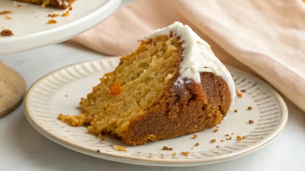 Carrot Bundt Cake the Best Dessert for Any Celebration 4 A slice of carrot bundt cake with a layer of cream cheese frosting on top, placed on a decorative plate. The cake’s moist, orange interior is visible, with pieces of grated carrot scattered throughout. Crumbs from the cake surround the plate, emphasizing the cake’s soft texture.