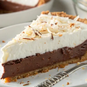 Chocolate Haupia Pie The Best Dessert You’ll Ever Taste 5 A close-up view of a slice of Chocolate Haupia Pie with a golden graham cracker crust, a smooth chocolate filling, and a fluffy coconut topping, garnished with toasted coconut flakes and chocolate shavings.