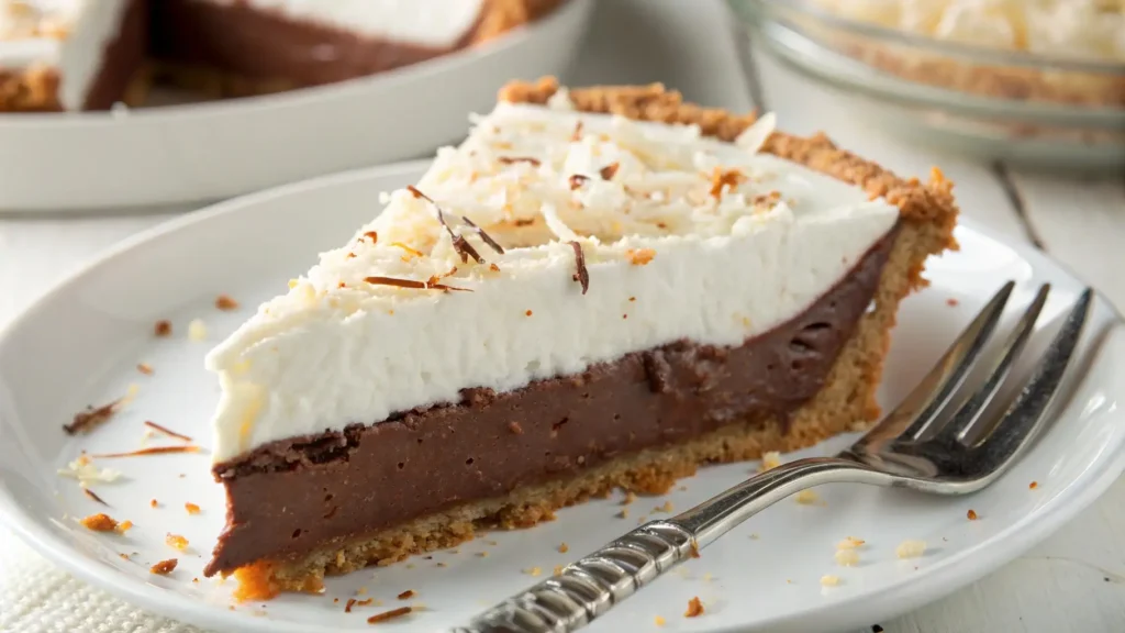 A slice of Chocolate Haupia Pie with a buttery graham cracker crust, rich chocolate filling, and a fluffy coconut topping, garnished with toasted coconut flakes.