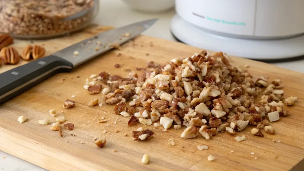 Pecan Pie Balls You’ll Fall in Love With 2 Chopped pecans on a wooden cutting board with a knife beside them.