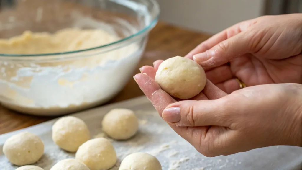 Sourdough Monkey Bread You’ll Crave Again and Again 3 A close-up image of hands rolling dough into small balls. The dough ball is smooth and perfectly round, with a floured countertop in the background and a glass bowl of dough in the distance, indicating the dough preparation process.