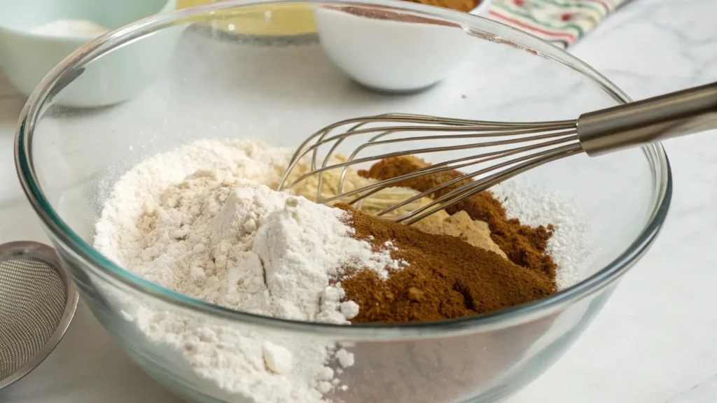 Carrot Bundt Cake the Best Dessert for Any Celebration 2 A close-up image of a glass bowl with flour, spices (cinnamon, ginger, and others), and other dry ingredients being whisked together. A fine mesh sifter is placed next to the bowl, suggesting the ingredients are being prepared for baking.