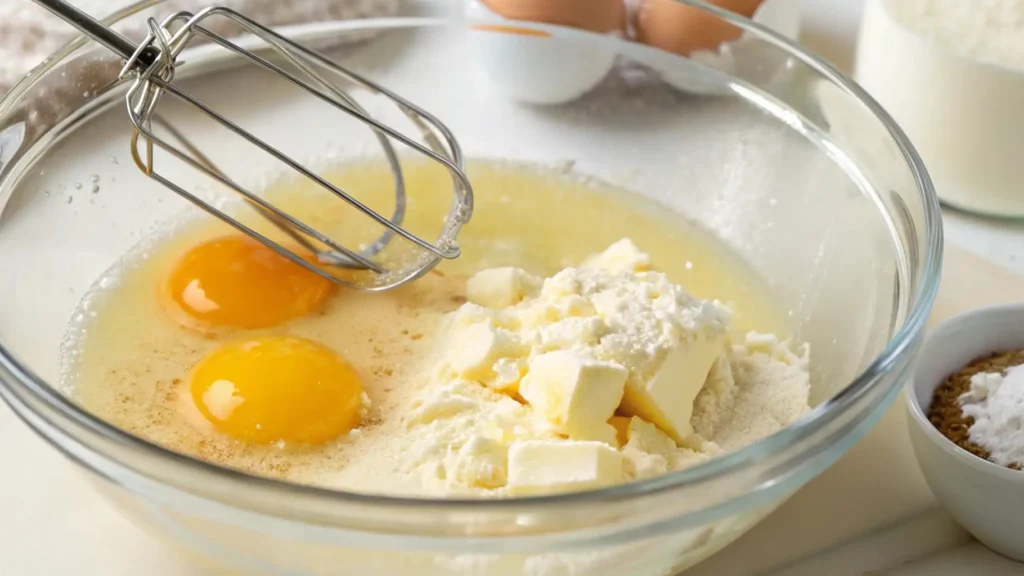 Amish Cinnamon Bread Comforting Treat You’ll Love 3 A glass mixing bowl with two eggs, butter, and other wet ingredients for Amish cinnamon bread, ready to be whisked together.