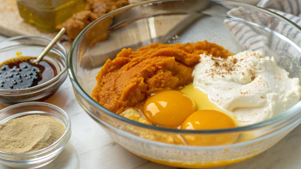 High Protein Pumpkin Bread: Your New Favorite Fall Recipe! 3 Combining wet ingredients for high-protein pumpkin bread, including pumpkin puree, eggs, Greek yogurt, and maple syrup in a glass mixing bowl.