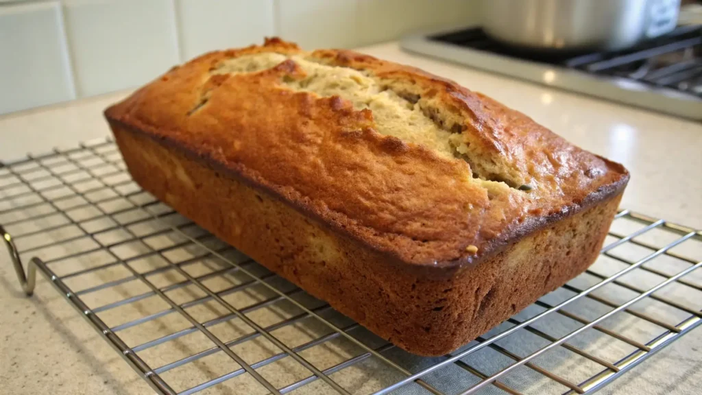 3 Ingredient Banana Bread You Won’t Believe is That Easy 4 A freshly baked loaf of banana bread cooling on a wire rack. The golden-brown crust is perfectly formed, with a light crack on top.