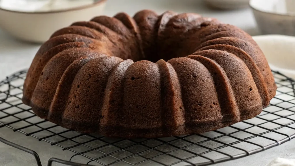 German Chocolate Pound Cake to Make Your Day Sweeter 4 A freshly baked German Chocolate Pound Cake cooling on a wire rack. The cake has a beautiful, evenly baked texture with a deep brown color and distinct bundt cake shape.