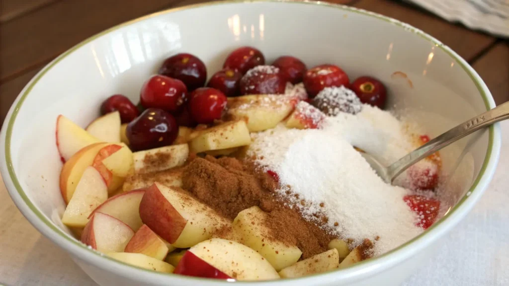 Apple Cherry Pie Love Epic Homemade Dessert Guide 2 Close-up of a white mixing bowl filled with sliced red apples, fresh cherries, cinnamon, and sugar, ready to be stirred together for a pie filling. A metal spoon rests in the bowl.