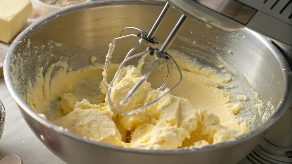 Sourdough Sugar Cookies That Will Be Your New Favorite 2 A close-up shot of a stand mixer with beaters mixing softened butter and sugar in a stainless steel bowl. The butter is creamy and fluffy, showing the initial stage of making cookie dough. There are visible bits of sugar and butter on the sides of the bowl, indicating the process of creaming.