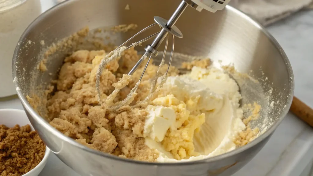Boneless chocolate chip cookies thrilling proven twist 4 A hand mixer blending softened butter and brown sugar in a stainless steel mixing bowl, creating a smooth, creamy mixture.