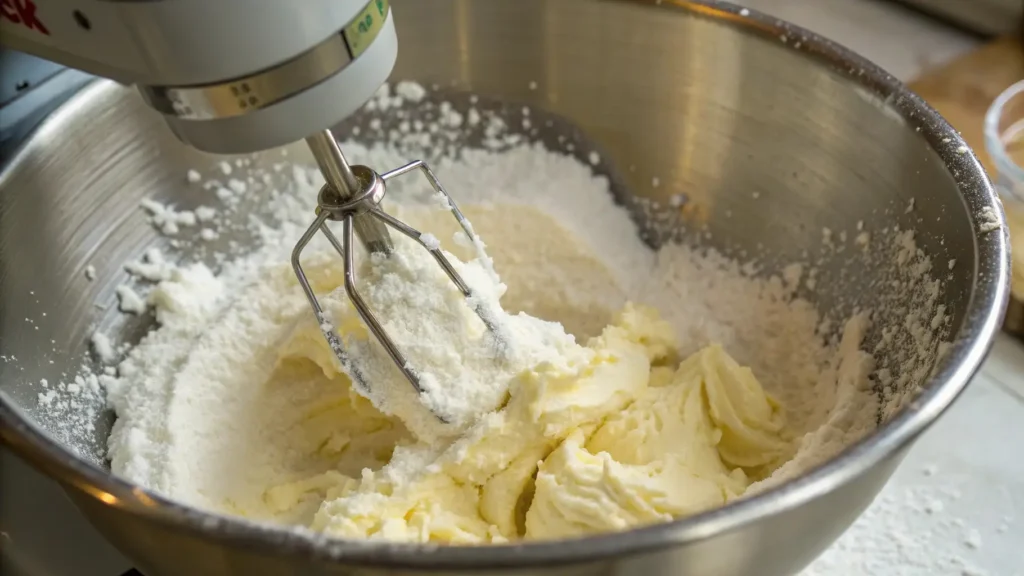Snickerdoodle Banana Bread: The Best Ever Banana Bread 4 Close-up of a stand mixer creaming butter and sugar in a metal mixing bowl, with flour scattered around the edges.