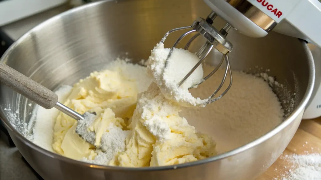 Pink Cookies: How to Make These Irresistibly Soft and Sweet 2 Butter and sugar being added into a stand mixer bowl, with the butter already softened and the sugar being poured in.