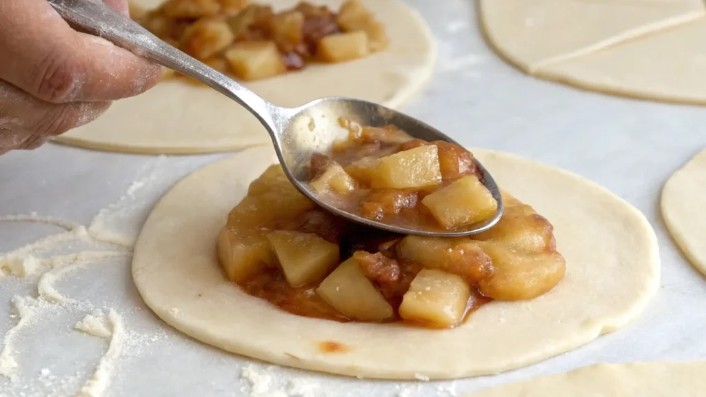 Apple Pie Biscuits: Unbelievably Good & Easy to Make 4 Spoonful of apple filling being added to rolled biscuit dough for apple pie biscuits.