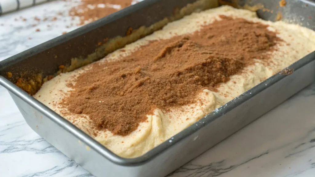 Amish Cinnamon Bread Comforting Treat You’ll Love 4 A loaf pan filled with cinnamon bread batter, topped with a generous sprinkle of cinnamon sugar before baking.