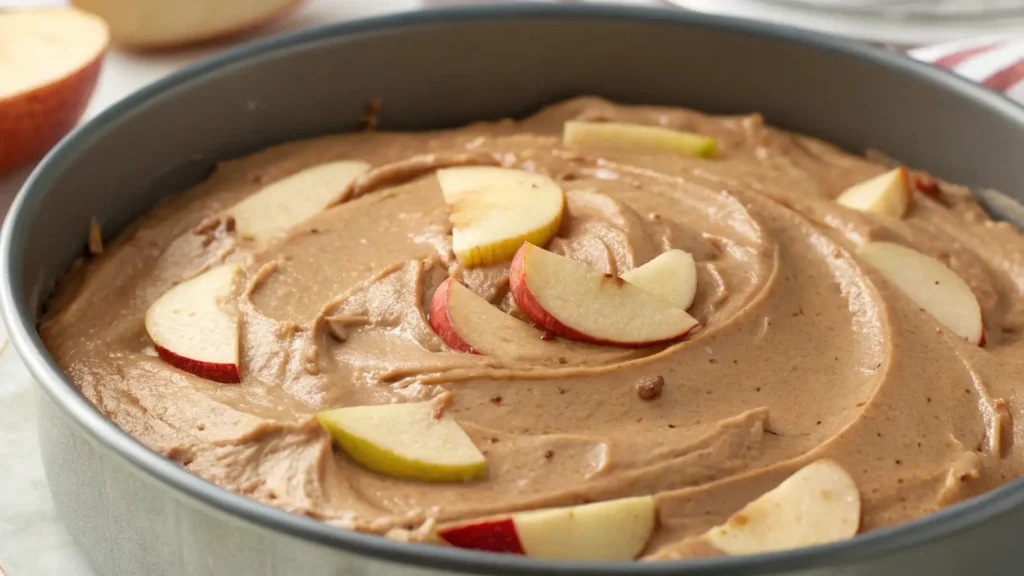 Chocolate Apple Cake That Will Make You Smile 5 A close-up of cake batter in a round pan with sliced apples arranged on top, ready for baking.