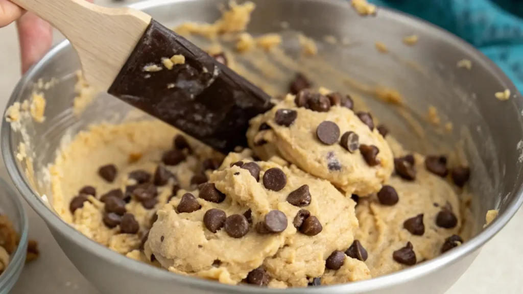 Boneless chocolate chip cookies thrilling proven twist 6 A spatula folding chocolate chips into cookie dough in a stainless steel bowl, showing the dough with evenly distributed chips.