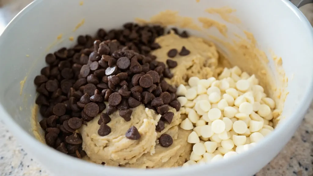 Black and White Chocolate Chip Cookies to Make Your Day Better 4 Close-up of cookie dough with dark and white chocolate chips being folded into the mixture.