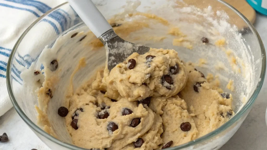 Chocolate Chip Cookies Without Brown Sugar Irresistibly Easy 2 A close-up shot of cookie dough with chocolate chips being mixed with a spatula in a glass mixing bowl. Some dough is stuck to the sides of the bowl, with chocolate chips visible throughout the dough.