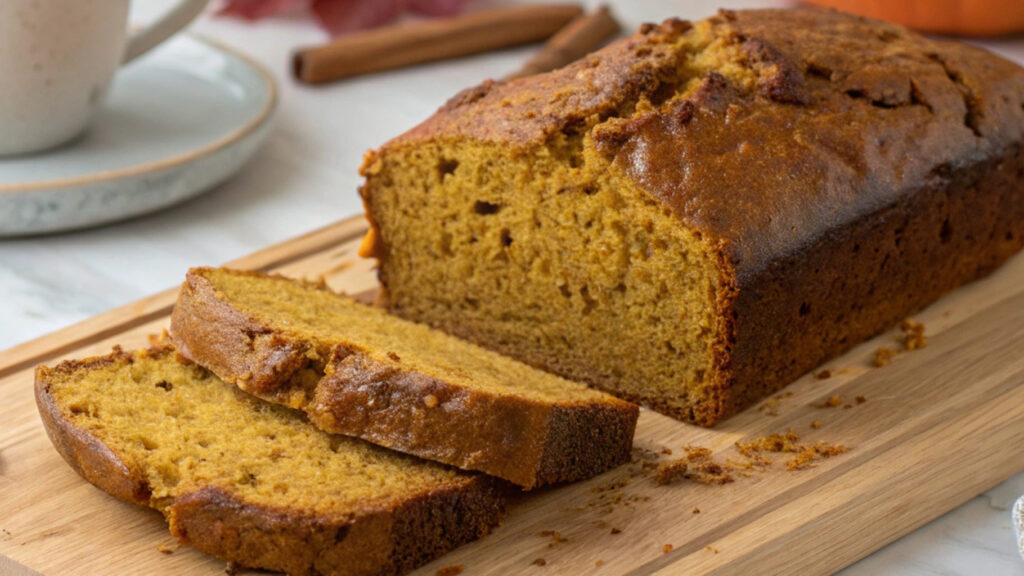 Freshly baked high-protein pumpkin bread sliced on a wooden cutting board, with a cup of coffee in the background.