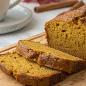 High Protein Pumpkin Bread: Your New Favorite Fall Recipe! 6 Sliced high-protein pumpkin bread served on a wooden board, with a cup of coffee in the background.