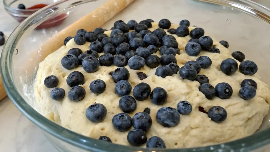Blueberry Sourdough Bread You'll Love to Bake and Eat 4 Close-up of a glass mixing bowl containing dough with fresh blueberries scattered on top. The dough is soft, and blueberries are evenly spread over it in preparation for being incorporated.