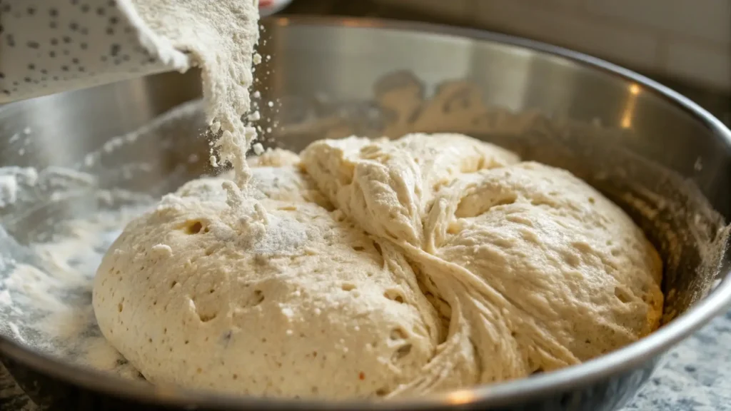 Sourdough Sugar Cookies That Will Be Your New Favorite 3 A close-up image showing a person sprinkling flour over dough in a large mixing bowl. The dough appears soft and elastic, with visible air pockets, as flour is being incorporated into the mixture, preparing it for the next stage of baking.
