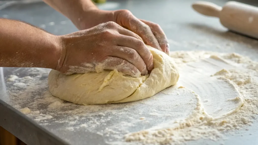 Blueberry Sourdough Bread You'll Love to Bake and Eat 3 Close-up of hands kneading dough on a floured countertop. The dough is soft and smooth, with flour scattered around the work surface.