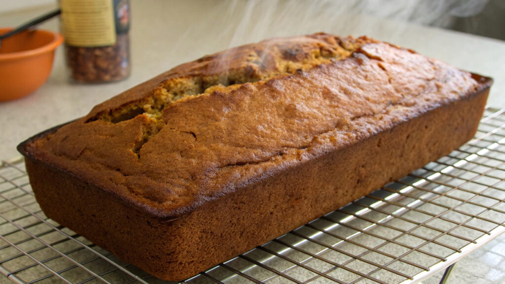 High Protein Pumpkin Bread: Your New Favorite Fall Recipe! 5 Freshly baked high-protein pumpkin bread cooling on a wire rack with steam rising from the top.