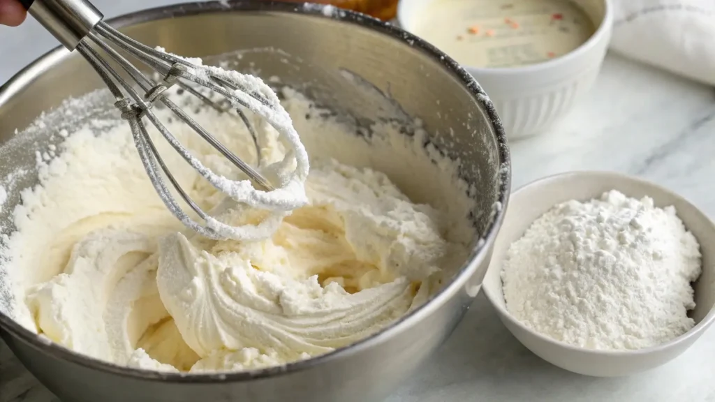 Strawberry Earthquake Cake A Sweet Sensation You’ll Love 3 A close-up image of mixing a creamy filling for a Strawberry Earthquake Cake. A whisk is shown in a bowl with a smooth, fluffy cream cheese filling, with powdered sugar in a bowl next to it.