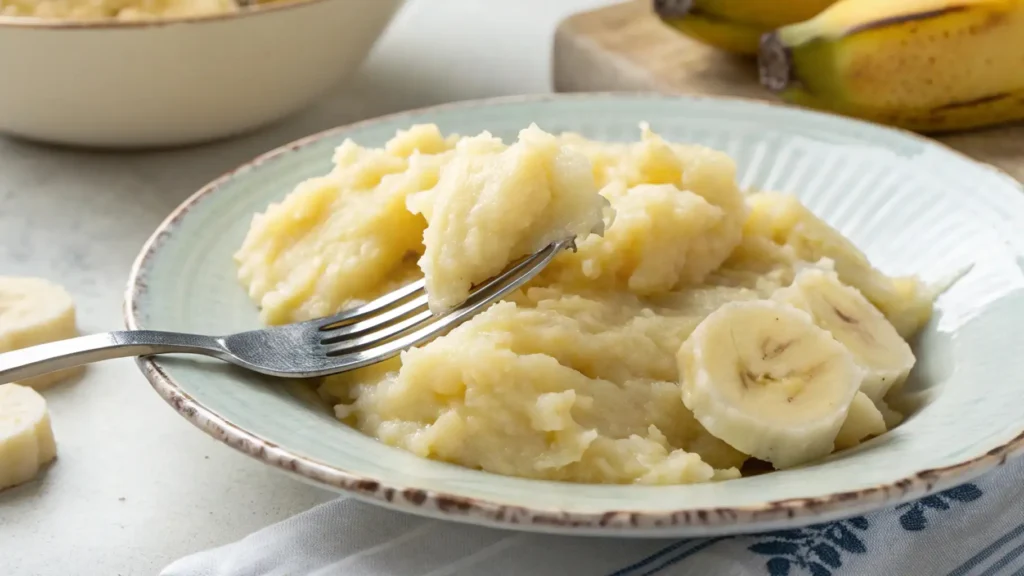 3 Ingredient Banana Bread You Won’t Believe is That Easy 2 A plate of mashed bananas with a fork, showcasing a smooth and creamy texture, accompanied by sliced banana pieces. A bunch of whole bananas is visible in the background.