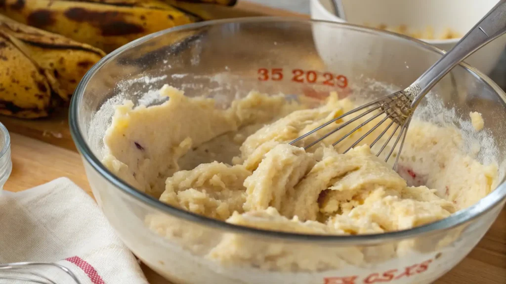 Snickerdoodle Banana Bread: The Best Ever Banana Bread 3 A bowl of mashed bananas with a whisk, showing the smooth and chunky texture of overripe bananas for banana bread.