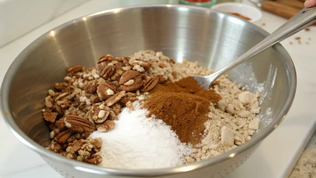 Pecan Pie Balls You’ll Fall in Love With 3 Mixing dry ingredients for Pecan Pie Balls, including chopped pecans, cinnamon, and sugar in a large mixing bowl.
