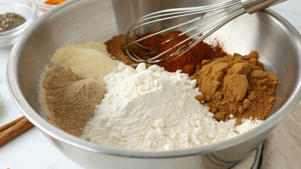 High Protein Pumpkin Bread: Your New Favorite Fall Recipe! 2 Whisking together dry ingredients for high-protein pumpkin bread, including flour, spices, and baking powder in a stainless steel mixing bowl.