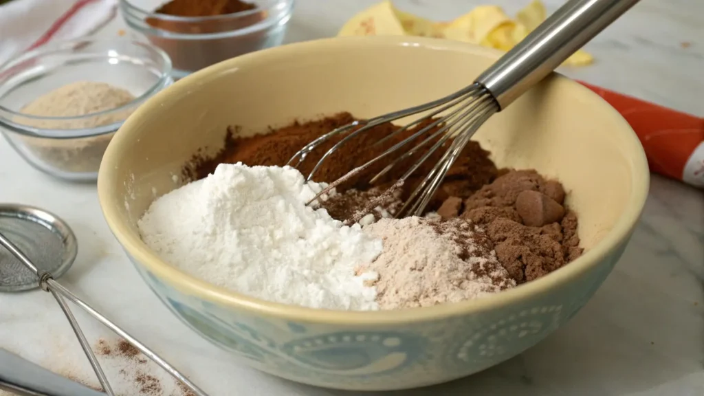 Chocolate Blueberry Cake That Will Make Your Day Better 2 Close-up image of dry ingredients like flour, cocoa powder, and baking powder being whisked together in a bowl.