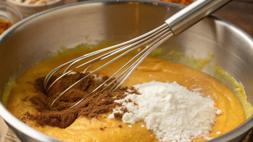 Pumpkin Pie Recipe with Coconut Milk You'll Love 3 Close-up of a metal bowl with pumpkin filling being mixed with a whisk. Brown sugar, spices, and a pinch of salt are added to the filling.