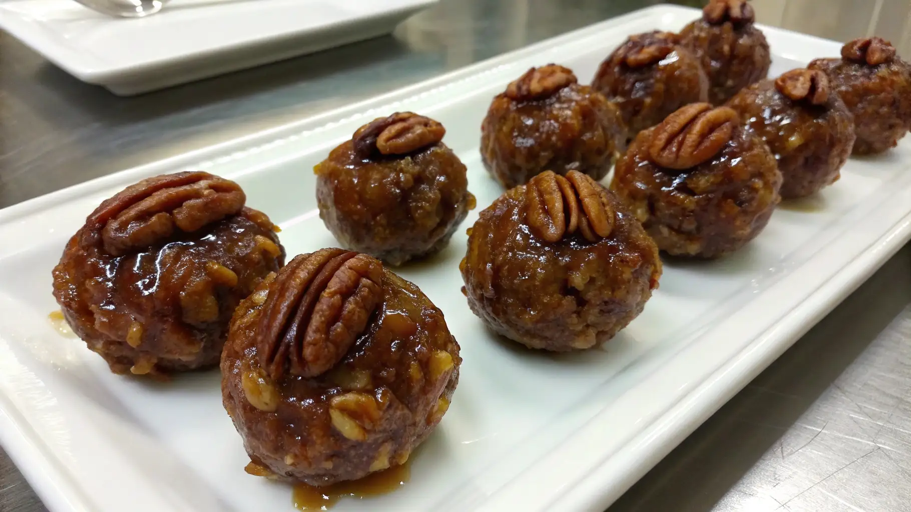 Pecan Pie Balls arranged on a white plate, topped with a whole pecan, and glistening with syrup.