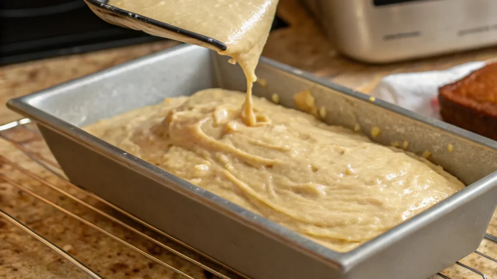 3 Ingredient Banana Bread You Won’t Believe is That Easy 3 A metal loaf pan filled with banana bread batter, being poured from a mixing bowl. The batter is smooth and slightly thick, ready for baking.