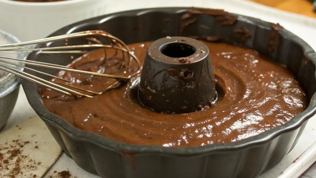 German Chocolate Pound Cake to Make Your Day Sweeter 3 A close-up shot of chocolate cake batter poured into a bundt pan, with a whisk resting nearby. The batter is smooth and glossy, with the ridges of the pan clearly visible.